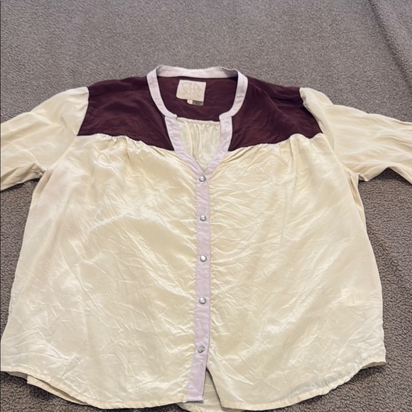 Cream and Burgundy Button-Up Blouse - Picture 1 of 6